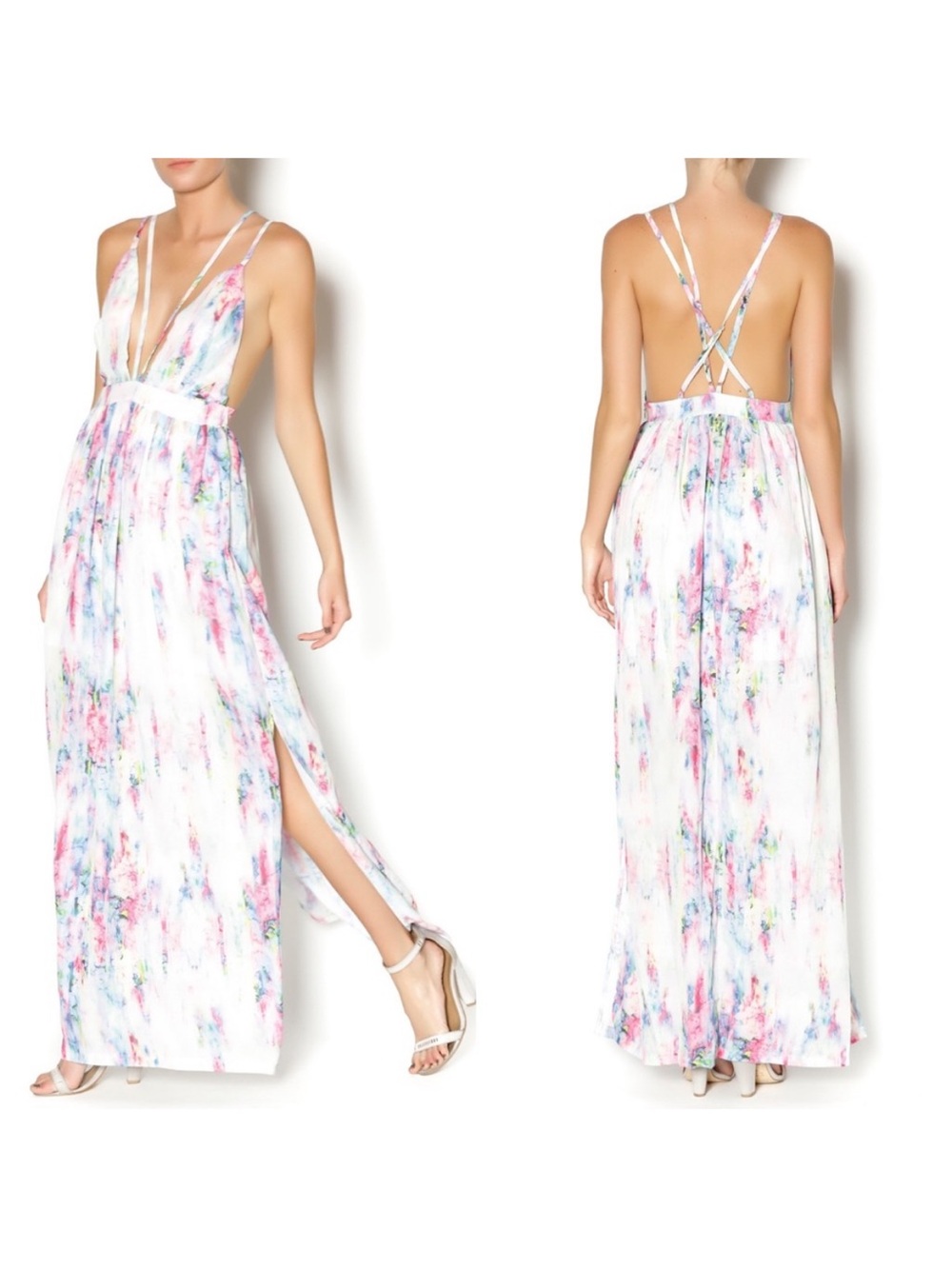 L'ATISTE White Watercolor Pastel Plunge Maxi Dress